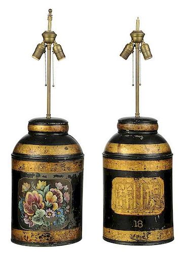Two Similar Toleware Canister Lamps