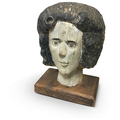 Carved and Painted Wood Woman's Head