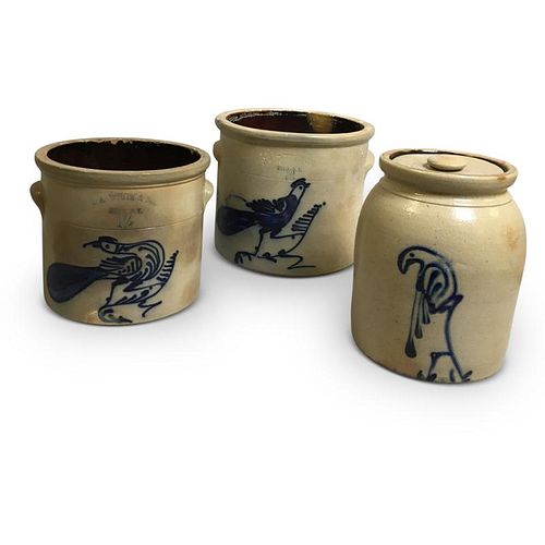 Three Cobalt Bird-decorated Stoneware Crocks