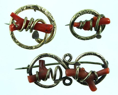 (4) FOUR VICTORIAN CORAL BROOCH PENDANTS