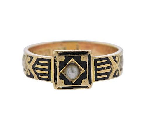 Antique 15k Gold Black Enamel Pearl Ring