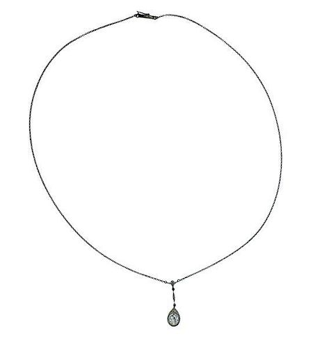 Art Deco 14k Gold Diamond Drop Pendant on Necklace