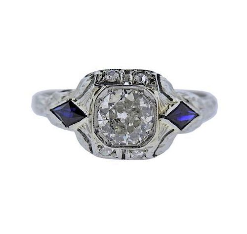 Art Deco 18K Gold Diamond Sapphire Ring