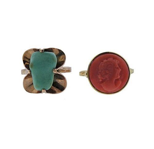 18k Gold Turquoise Coral Ring Lot of 2