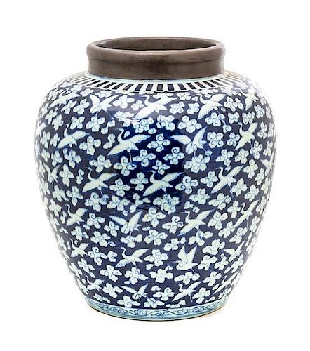A Chinese Large Blue and White Hundred Cranes Jar, Height 18 1/4 inches.