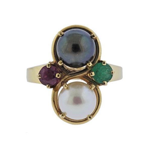 14K Gold Pearl Ruby Emerald Ring