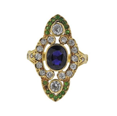 18k Gold Diamond Blue Green Stone Ring