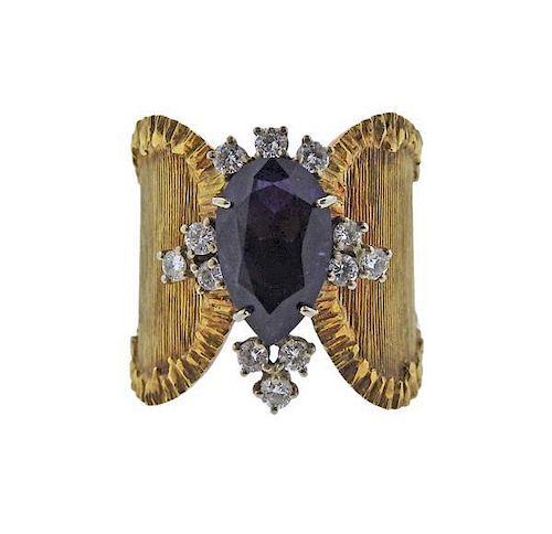18K Gold Diamond Purple Gemstone Wide Band Ring