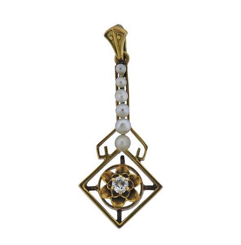 Antique 14K Gold Diamond Pearl Pendant