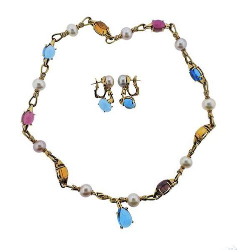 Bulgari 18k Gold Pearl Diamond Gemstone Necklace Earrings Set