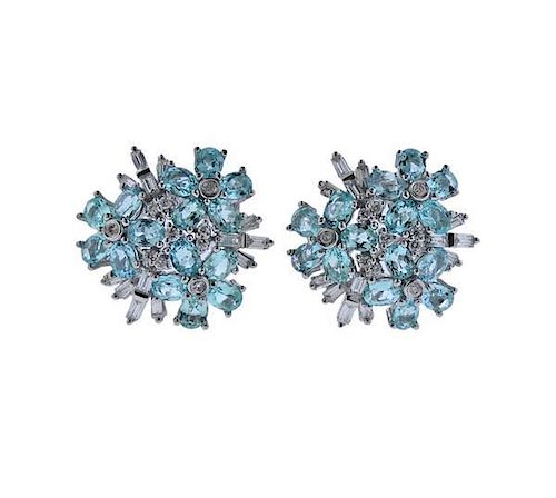 14k Gold Blue Stone Diamond Cluster Earrings