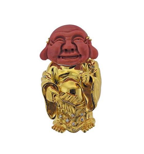 14k Gold Carved Coral Diamond Buddha Pendant Brooch