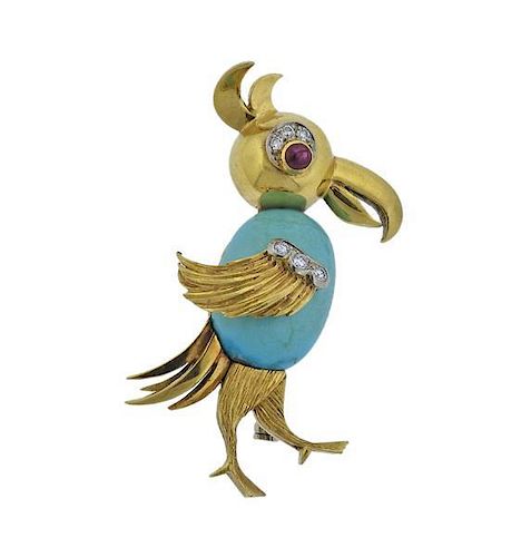 18k Gold Turquoise  Ruby Diamond Toucan Brooch