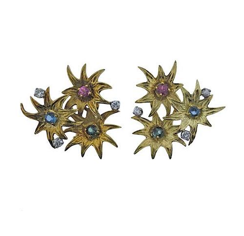 18k Gold Diamond Gemstone Flower Earrings