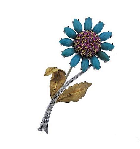 18k Gold Diamond Ruby Turquoise Sunflower Brooch