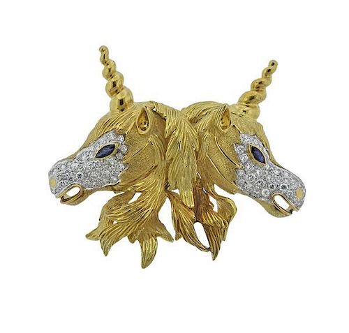 R. Stone Diamond 18k Gold Unicorn Head Brooch