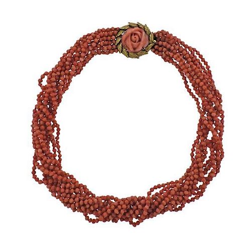 18k Gold Coral Bead Torsade Necklace