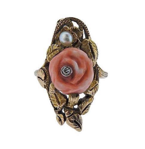 Arts &amp; Crafts 14k Gold  Coral Pearl Diamond Ring