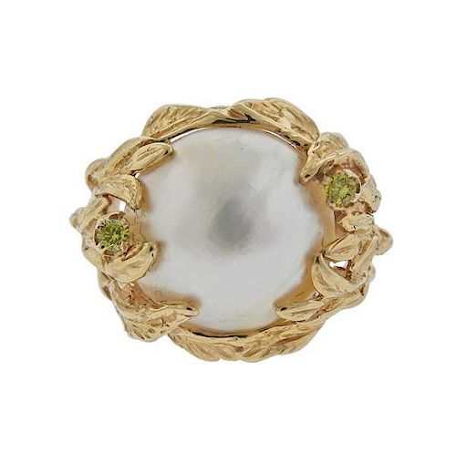 14k Gold Pearl Green Gemstone Ring
