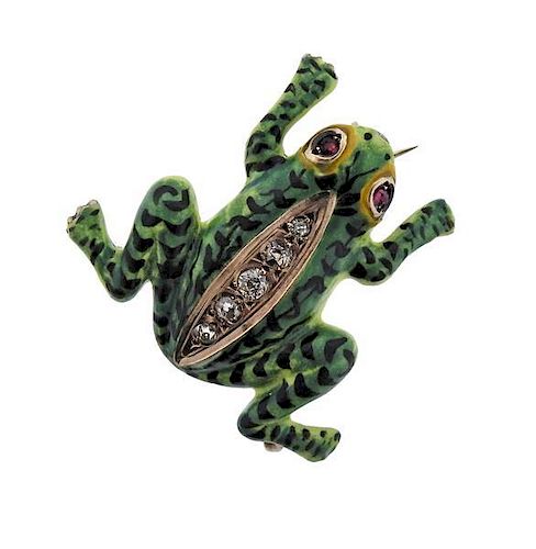 14k Gold Diamond Enamel Frog Brooch Pendant
