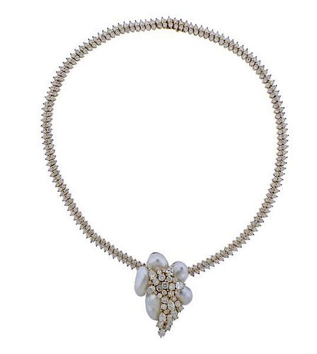 18K Gold Diamond Necklace Dunay Diamond Pearl Brooch