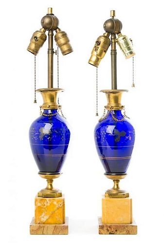 A Pair of Cobalt Blue Glass Baluster Lamps Height 22 3/4 inches.