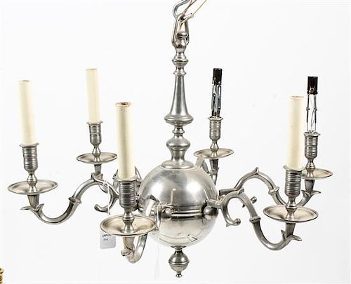 A Dutch Baroque Style Pewter Six-Light Chandelier Height 19 x depth 23 inches.