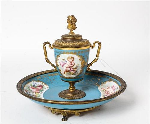A Sevres Style Gilt Metal Encrier Diameter 8 inches.