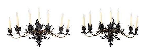 A Pair of Painted Metal Six-Light Sconces Height 24 inches.