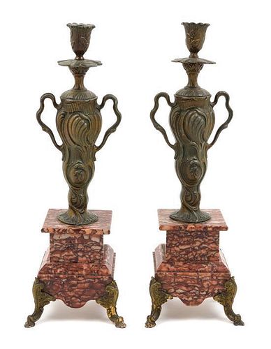 * A Pair of French Bronze and Marble Candlesticks Height 16 1/4 inches.