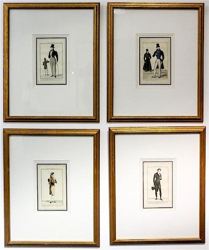 A Group of Four Hand Colored Costume Prints Framed 20 3/4 x 17 inches.
