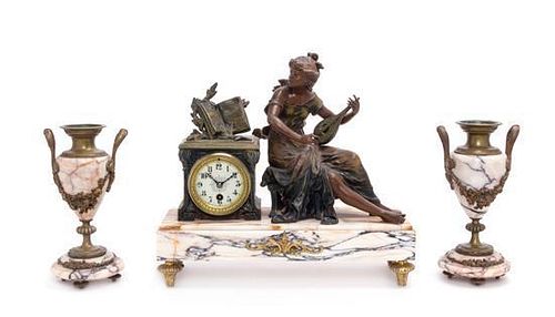 * A Neoclassical Cast Metal and Marble Clock Garniture Width of clock 16 1/4 inches.