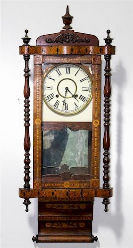 An American Parquetry Decorated Wall Clock Height 38 1/2 inches.
