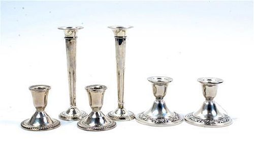 * Six American Silver Articles, various makers, primarily 20th century, comprising two pairs of candlesticks and two trumpet 
