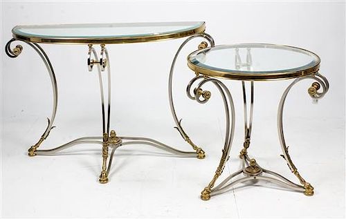 Two Neoclassical Style Brass and Steel Tables Height of larger 29 3/4 x width 42 1/2 x depth 15 1/2 inches.
