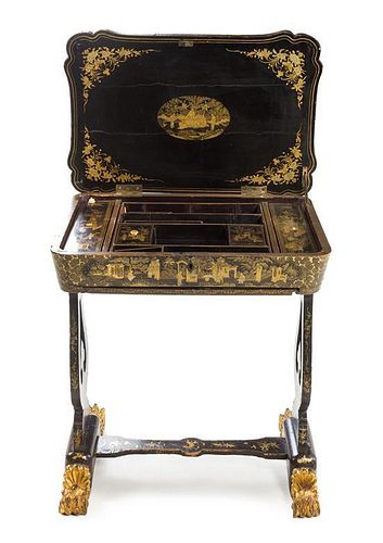 A Regency Lacquered Work Table Height 28 x width 25 3/4 x depth 17 1/2 inches.