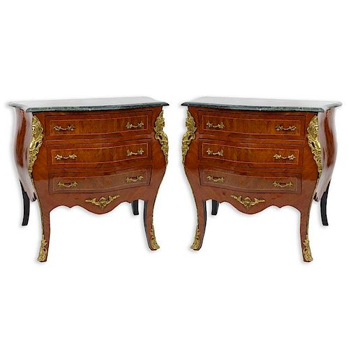 Pair of 20th Century Louis XVI Style Marquetry Inlaid and Gilt Bronze Mounted, Green Marble Top Night Stands/ Chest of Drawer