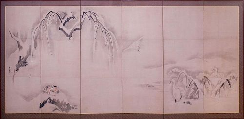 JAPANESE SIX-PANEL SCREEN DECORATED WITH BIRDS IN LANDSCAPE