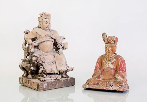 TWO CHINESE CARVED AND PAINTED WOOD SEATED FIGURES