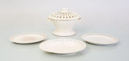 WEDGWOOD CREAMWARE TWO-HANDLED CHESTNUT BASKET AND COVER, A PAIR OF OVAL GRADUATED STANDS, AND A LARGER STAND