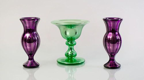 PAIR OF VARNISH & CO. AMETHYST MERCURY GLASS VASES AND AN ALETHOMS & SONS PATENT GREEN MERCURY GLASS STEMMED COMPOTE