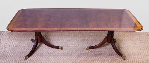 GEORGE III STYLE INLAID MAHOGANY SATINWOOD CROSSBANDED DOUBLE-PEDESTAL DINING TABLE