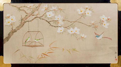 TWO WALLPAPER PANELS DEPICTING BIRDS AND BLOSSOMING BRANCHES