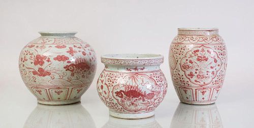 THREE VIETNAMESE IRON-RED DECORATED POTTERY VASES
