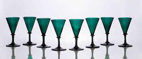 SET OF EIGHT GREEN BRISTOL GLASS CORDIALS
