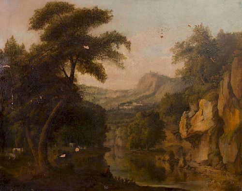 EUROPEAN SCHOOL: LANDSCAPE WITH FISHERMAN AND CATTLE