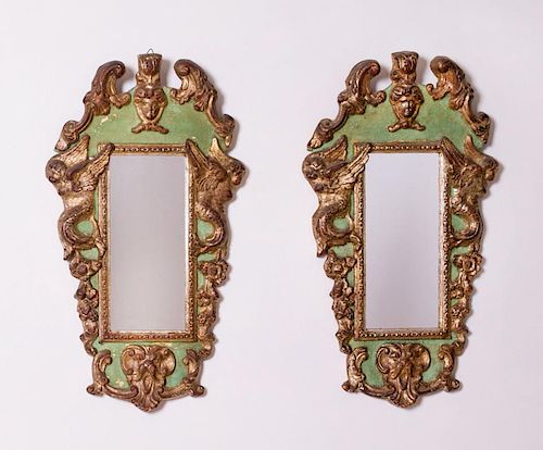 PAIR OF ITALIAN ROCOCO STYLE GREEN PAINTED AND PARCEL-GILT MIRRORS