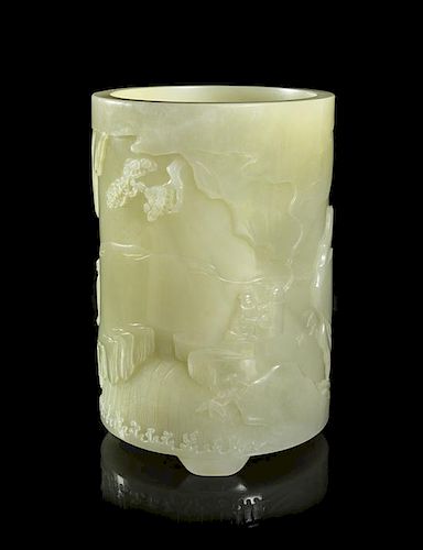 A Carved White Jade Brushpot, Height 5 1/2 inches.