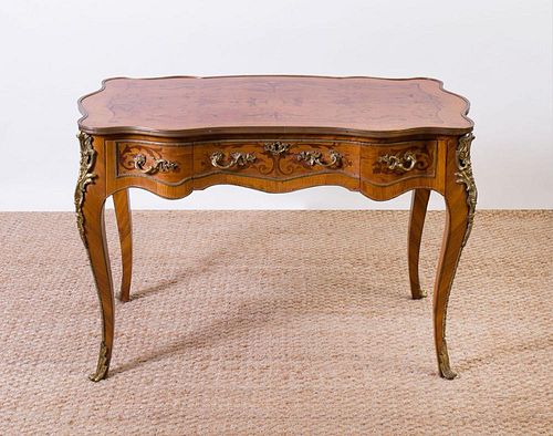 LOUIS XV STYLE GILT-BRONZE-MOUNTED KINGWOOD AND TULIPWOOD MARQUETRY DESK