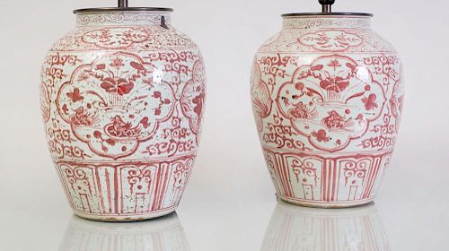 PAIR OF VIETNAMESE IRON-RED DECORATED POTTERY VASES MOUNTED AS LAMPS